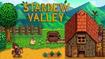 The Stardew Valley logo made from twigs above a 2D farming landscape featuring someone on a horse, a house, and mine cart.