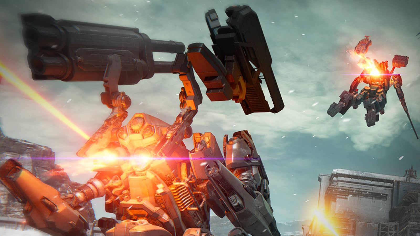 Two mechs fighting in Armored Core 6.