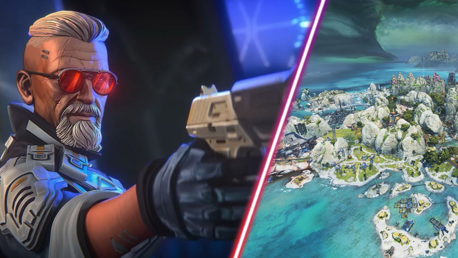 Screenshot of Apex Legends Ballistic holding pistol and view of Apex Legends Storm Point map