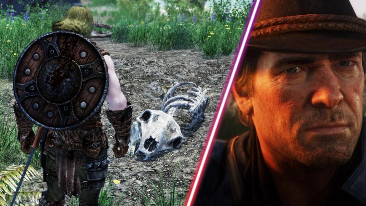 A decayed corpse in Skyrim alongside Red Dead Redemption 2's Arthur Morgan.