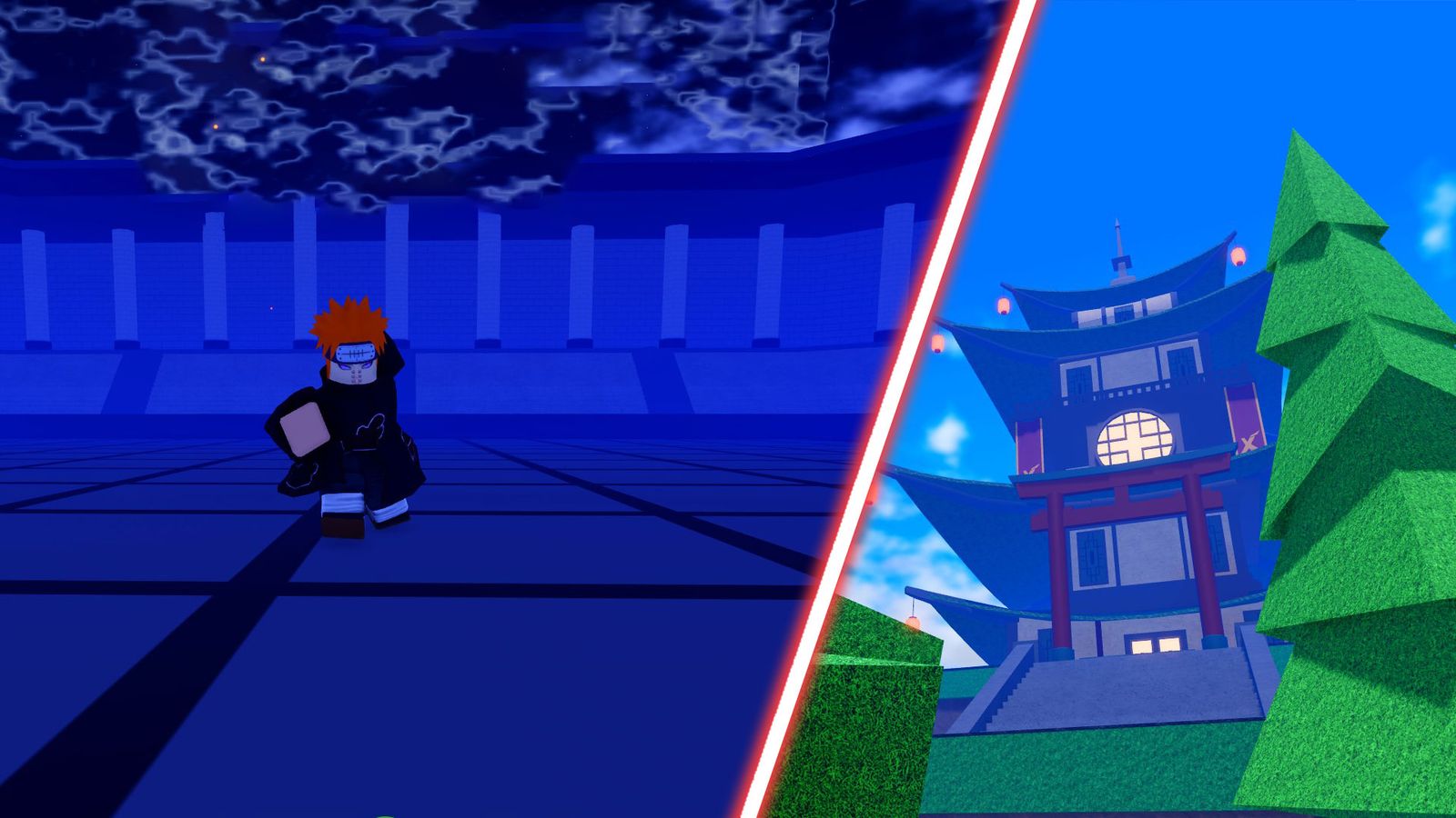 Two screenshots of an anime character battling a boss in Anime Fighting Simulator X, showcasing intense action on a vibrant blue battleground.