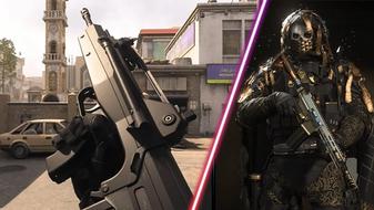 Screenshot of Call of Duty rifle and Ghost holding assault rifle and wearing black and gold skin