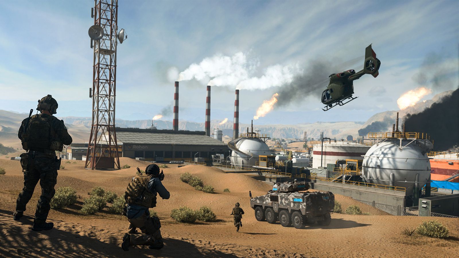 Screenshot showing Moddern Warfare 2 players moving across open ground