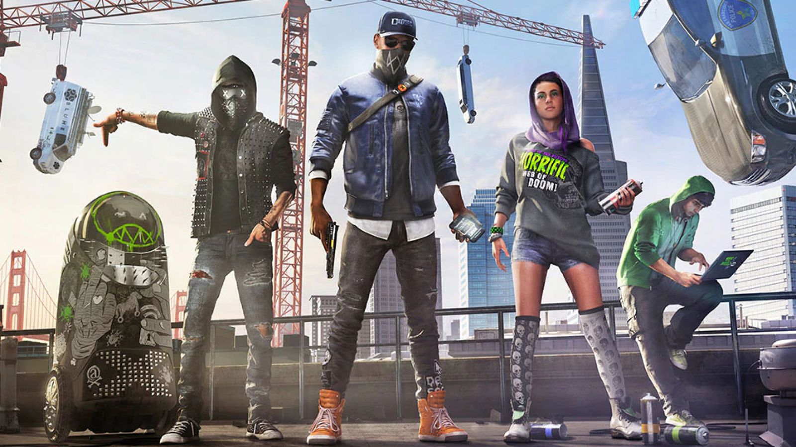 Watch Dogs 2 image of three characters, two with their faces covered, holding weapons with cars hanging from cranes in the background.