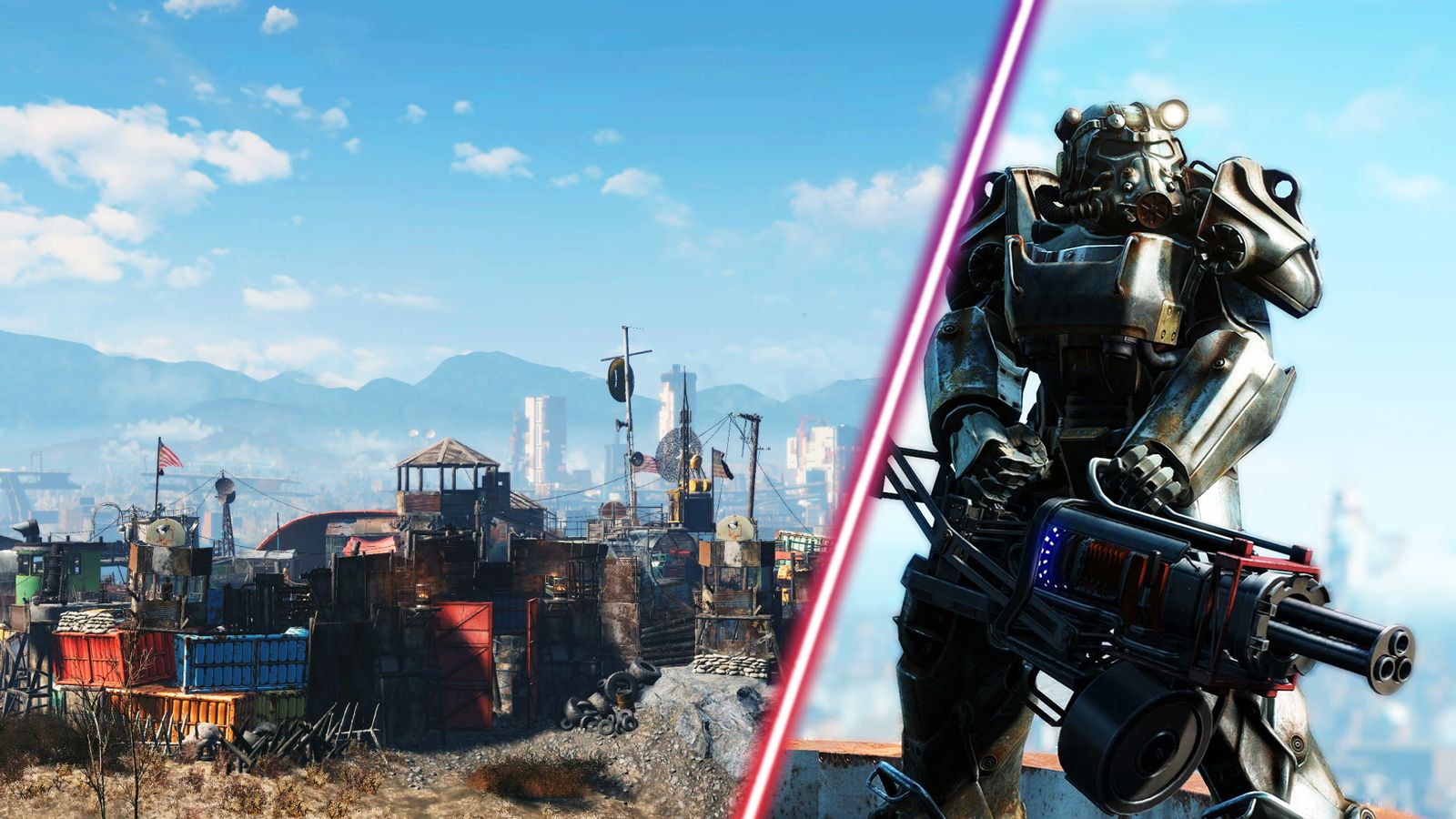 A settlement and a soldier in power armour in Fallout 4.