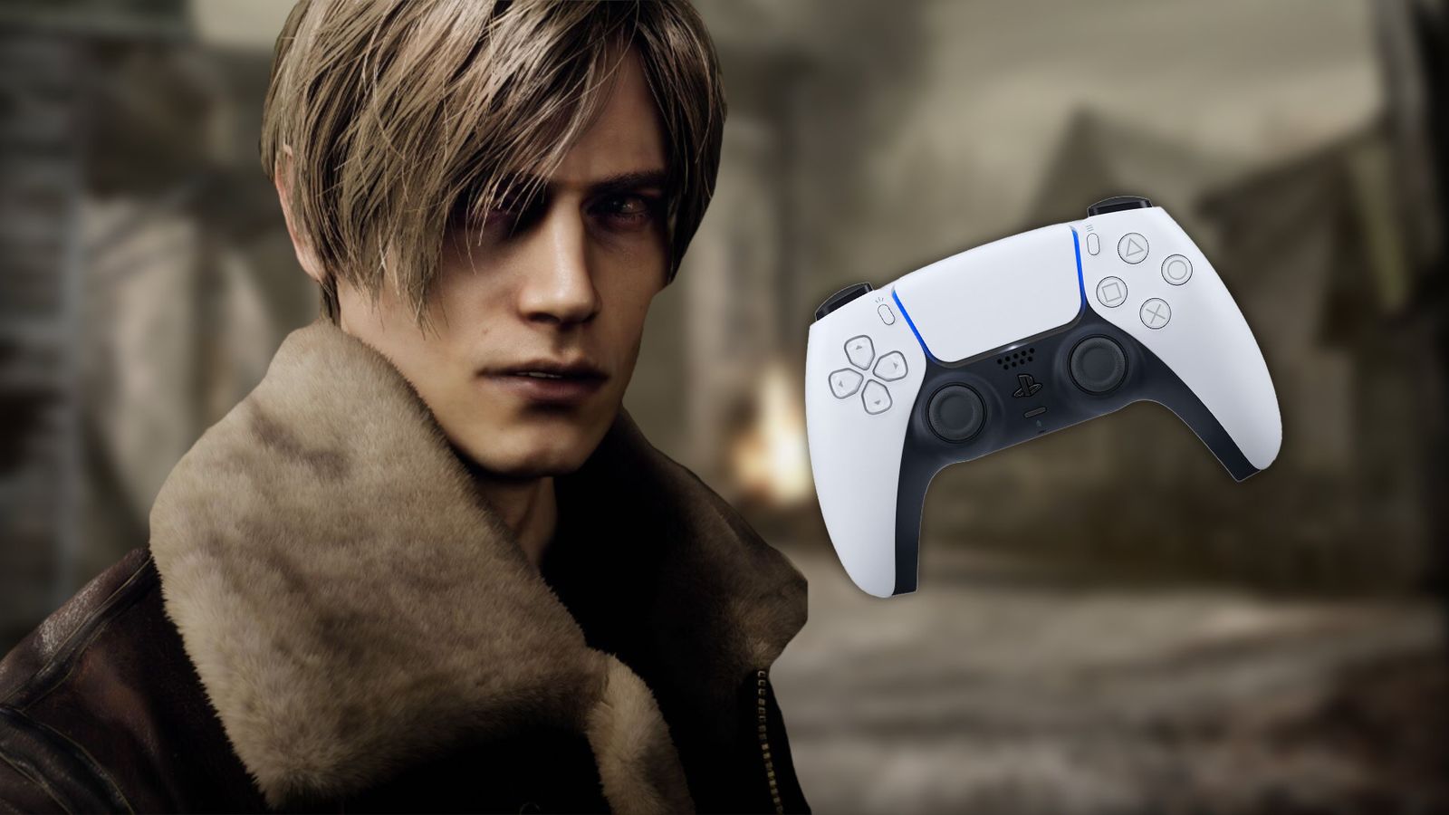 Leon S. Kennedy from Resident Evil 4 Remake next to a PS5 DualSense controller