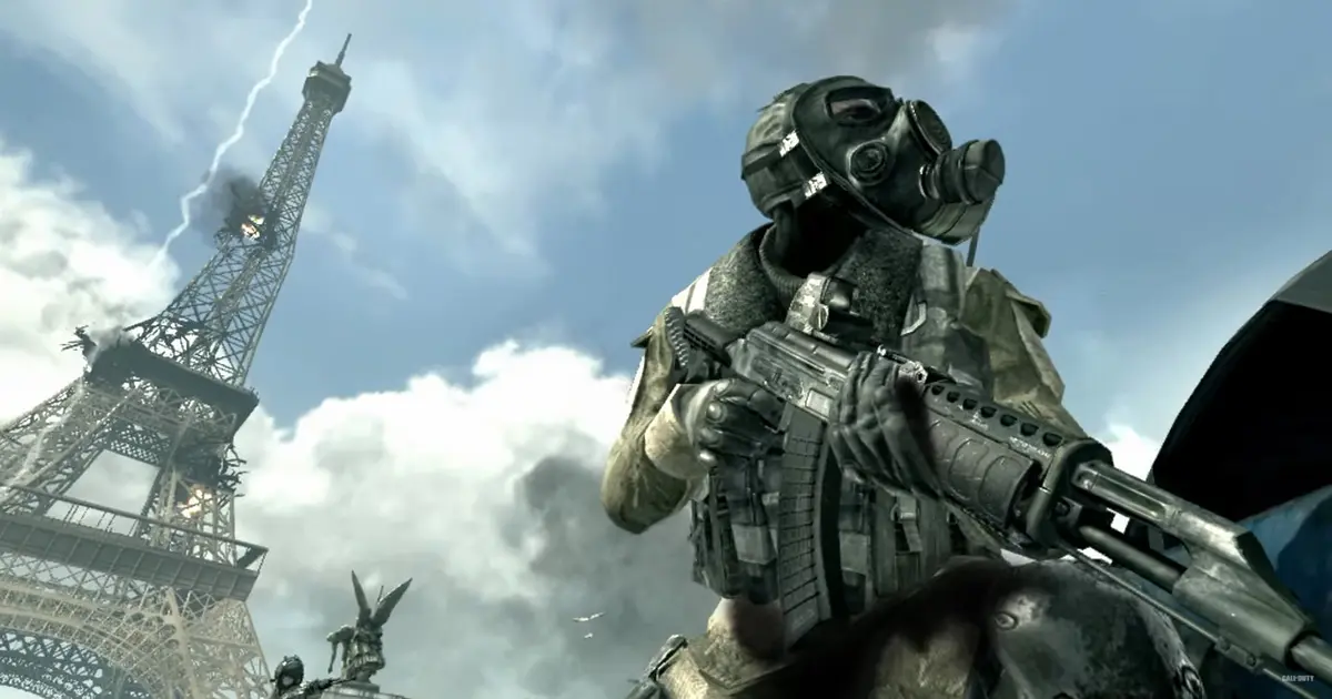 Call of Duty Modern Warfare 3 player holding gun with Eiffel Tower in background