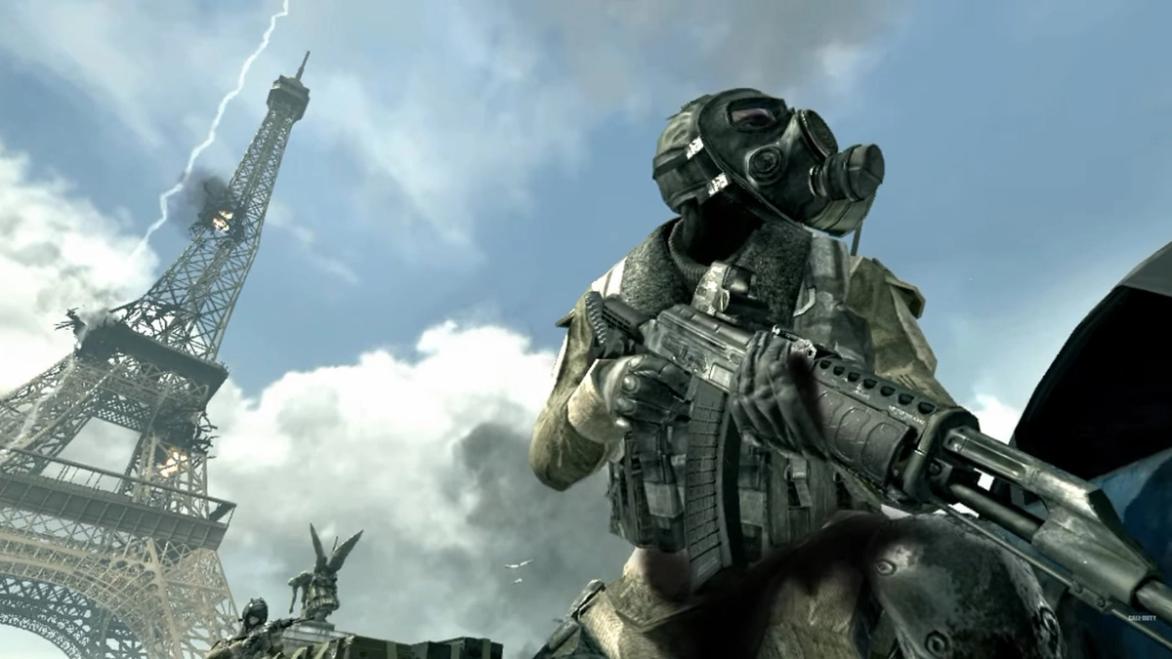 Call of Duty Modern Warfare 3 player holding gun with Eiffel Tower in background