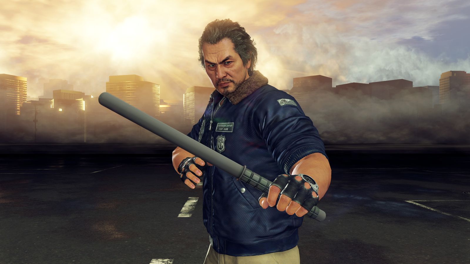 In-game from Yakuza: Like a Dragon of a character wearing a blue jacket while holding a truncheon.