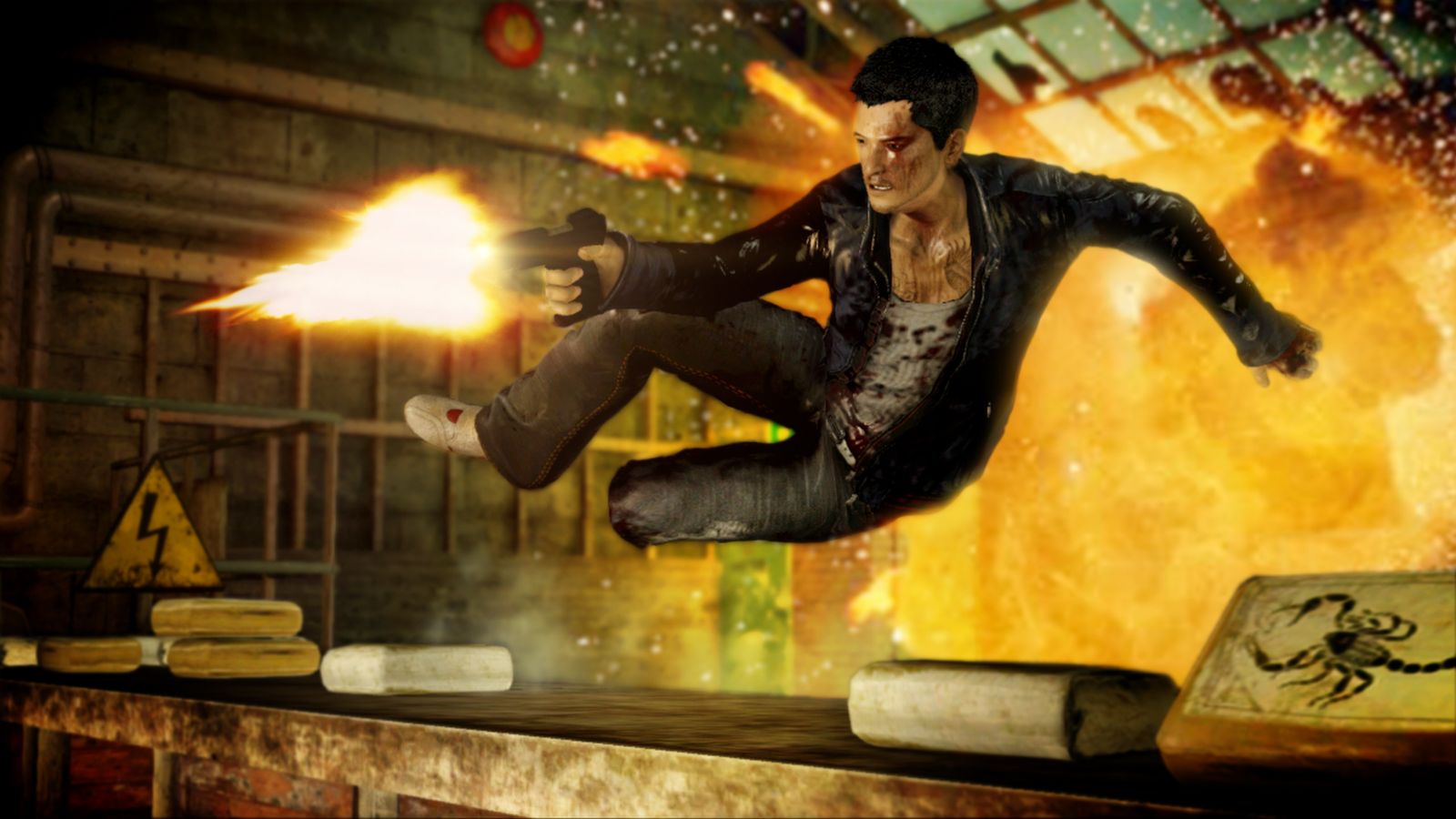 In-game image from Sleeping Dogs of a character jumping over a counter firing a gun.