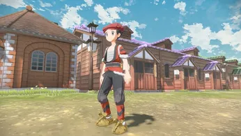 A Pokémon Trainer wearing the Hisuian Growlithe Kimono set in Pokémon Legends: Arceus.